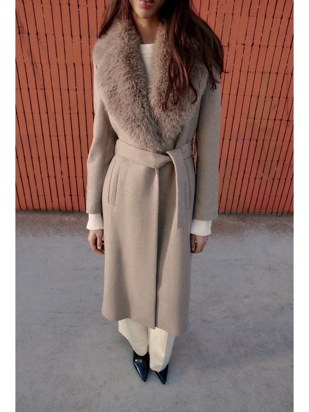 Zara Removeable Faux-Fur Collar Belted Wool Coat